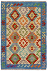 Flat Weave Kilim Antique Navaho Vintage handmade Geometric Kilim Beige Blue Hand-Woven Rectangle 100% Wool Area Rug 3x5